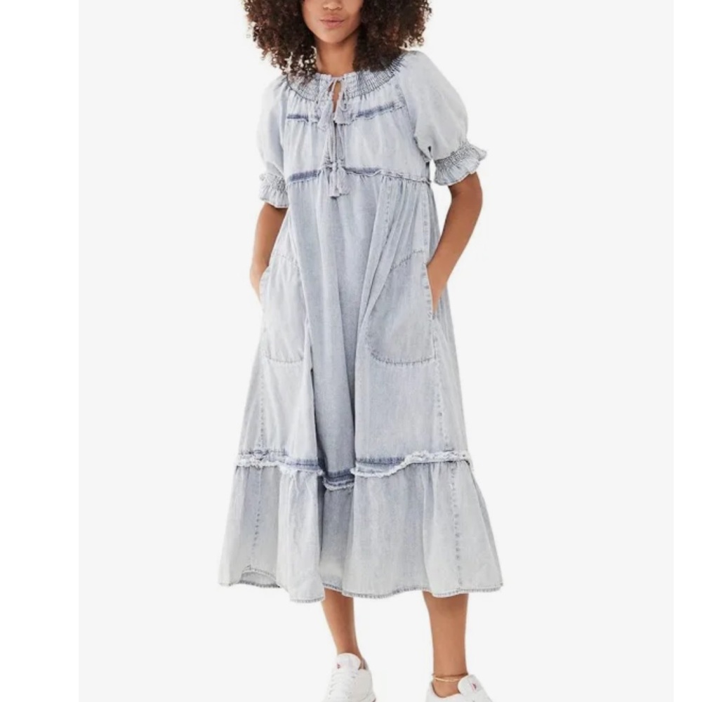 Free People One and Only Midi/ Maxi Dress XS Denim Ruffle Tier Acid Wash Light